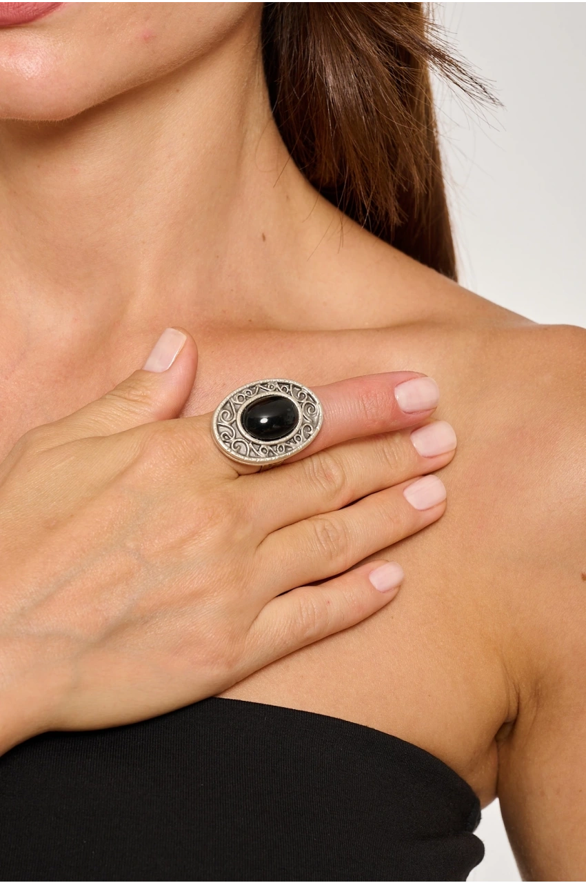 Kiraz Black Stoned Silver Plated Ring