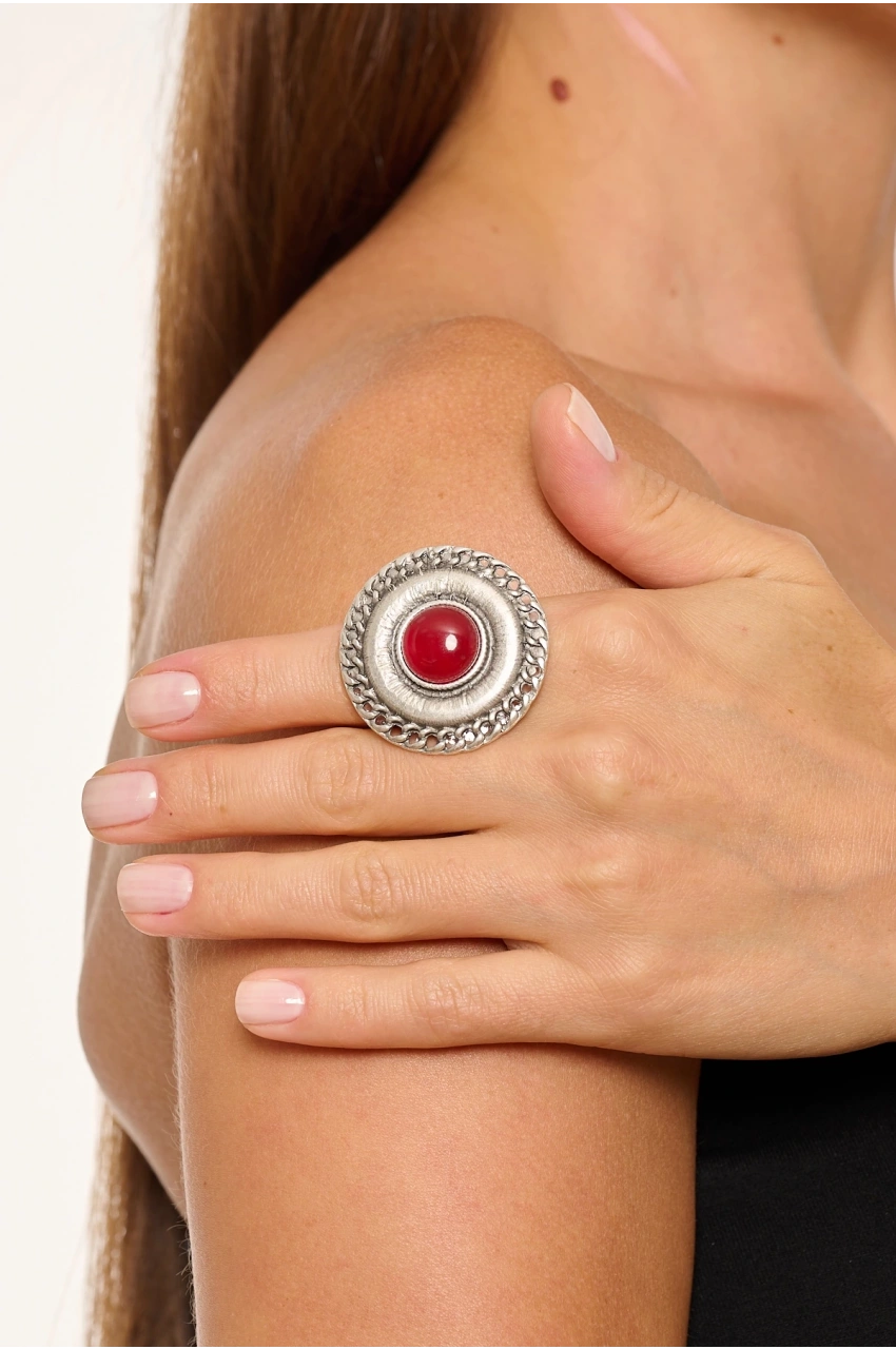 Kiraz Burgundy Stoned Silver Plated Ring