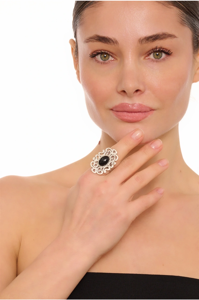 Kiraz Black Stoned Silver Plated Ring