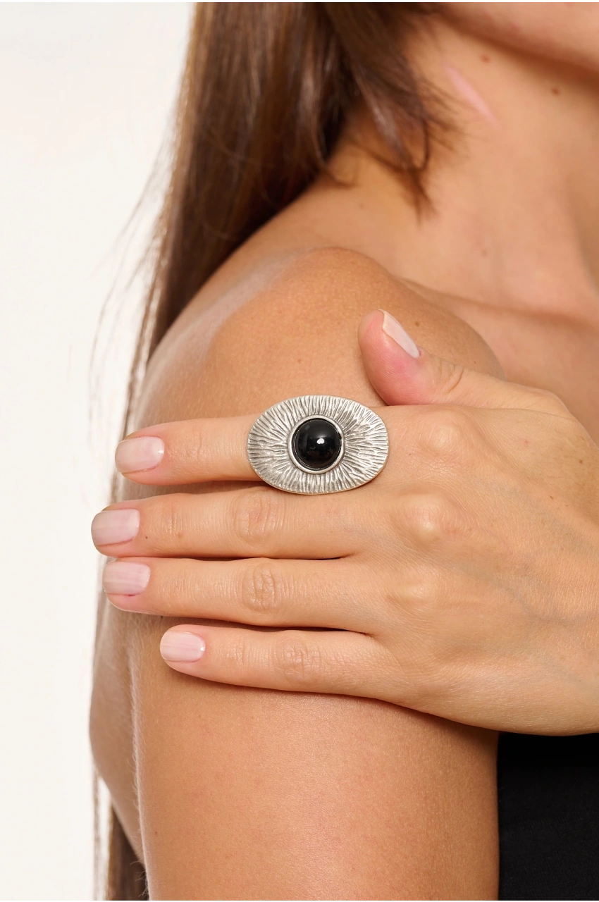 Kiraz Black Stoned Silver Plated Ring