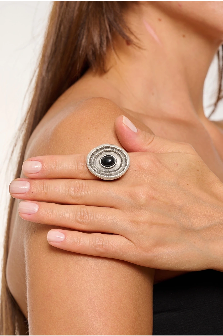 Kiraz Black Stoned Silver Plated Ring