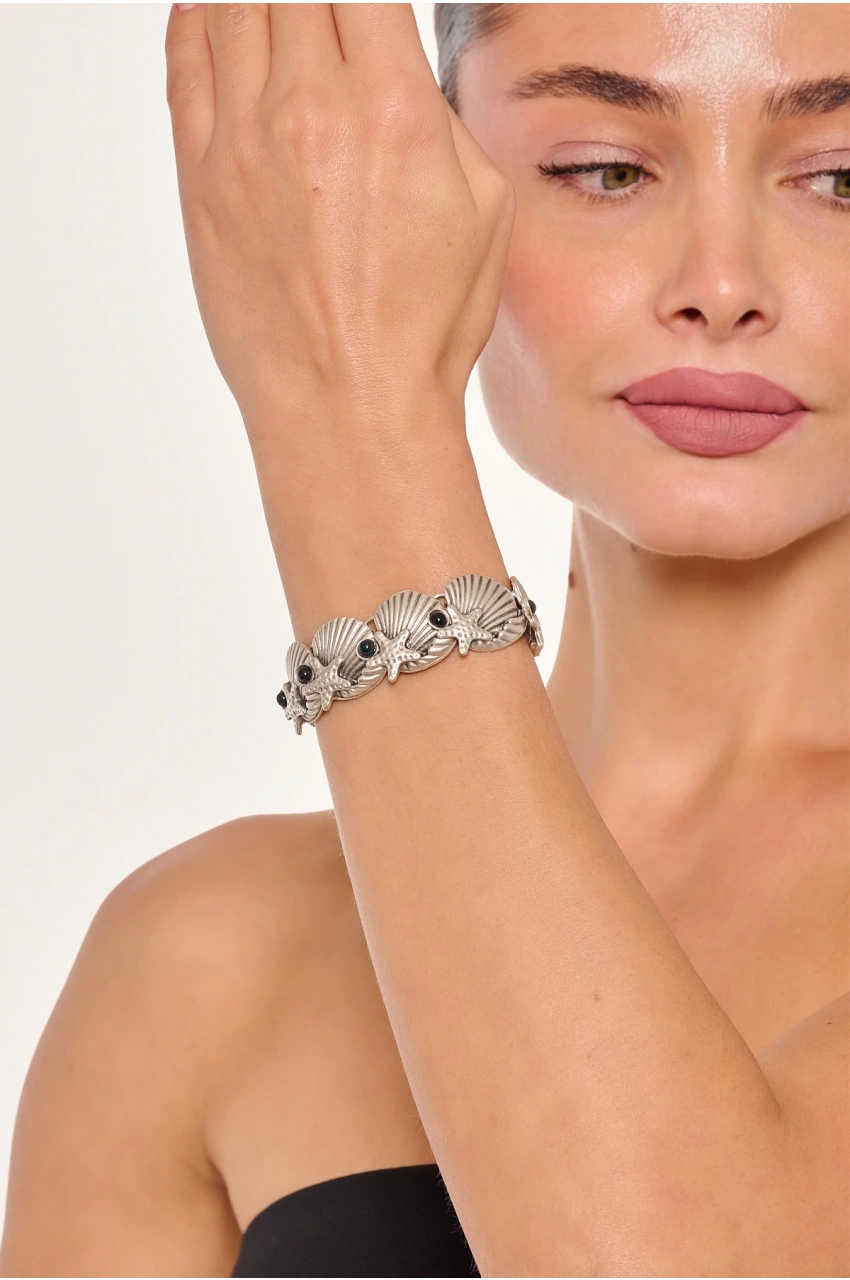 Kiraz Black Stoned Silver Plated Seashell Bracelet