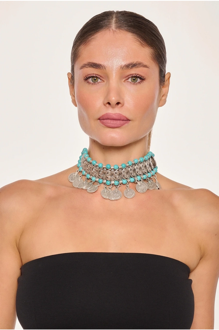 Kiraz Black Striped Turquoise Beads Silver Plated Necklace