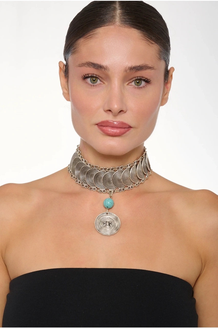 Kiraz Blue Beaded Silver Plated Choker