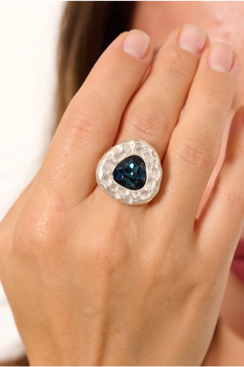 Kiraz Navy Blue Crystal Stoned Silver Plated Ring