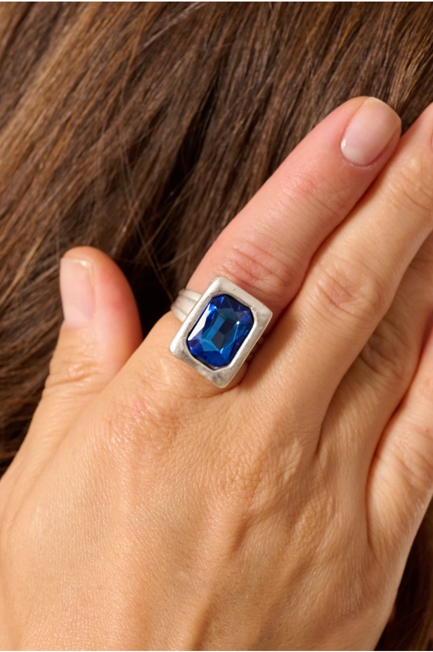 Kiraz Navy Blue Crystal Stoned Silver Plated Ring