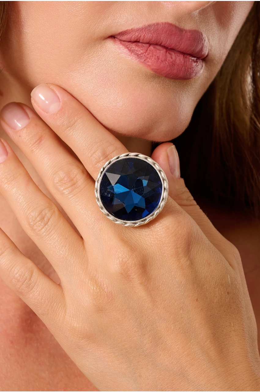 Kiraz Navy Blue Crystal Stoned Silver Plated Ring