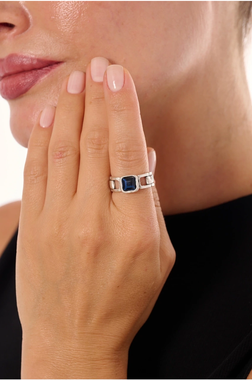 Kiraz Navy Blue Crystal Stoned Silver Plated Ring