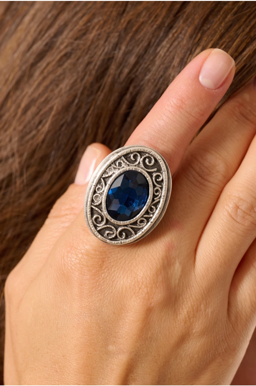 Kiraz Navy Blue Crystal Stoned Silver Plated Ring