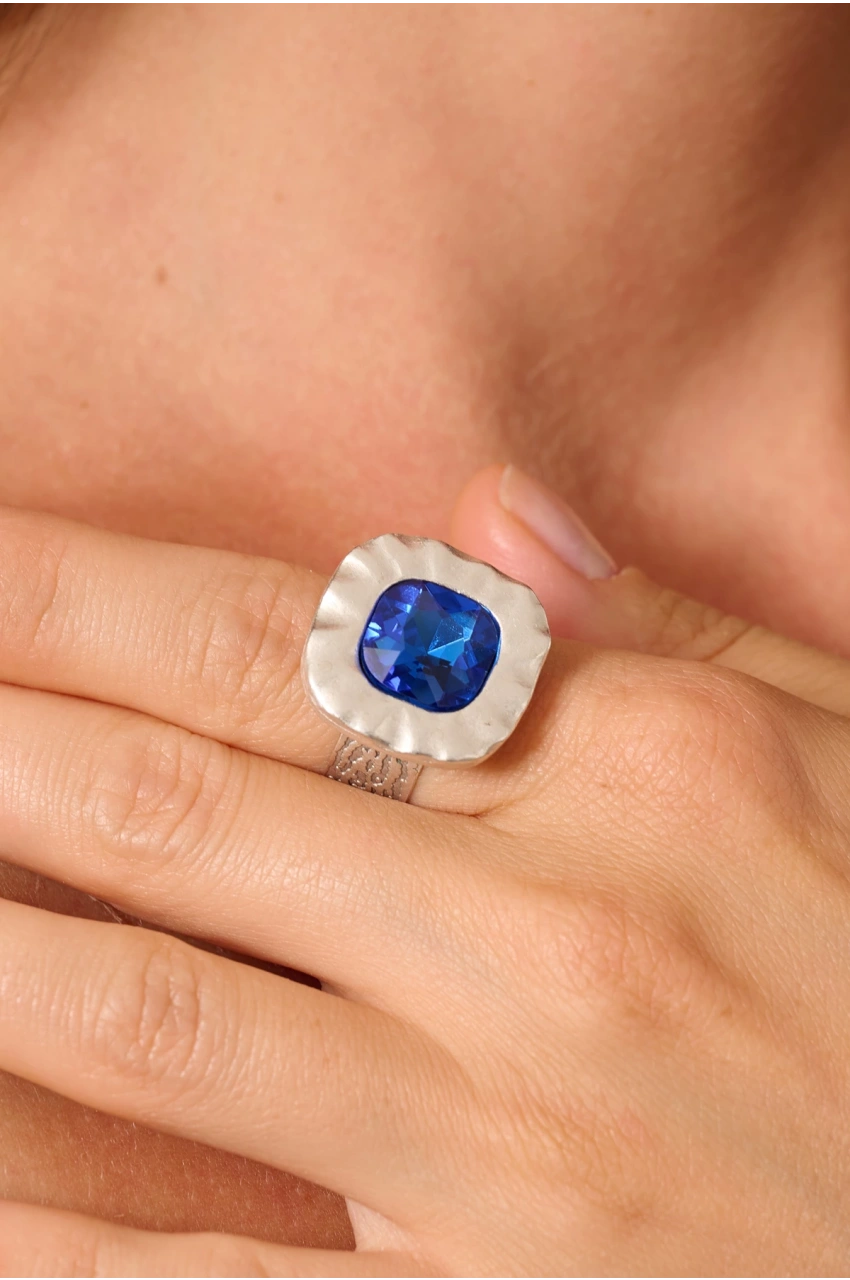 Kiraz Blue Crystal Stoned Silver Plated Ring