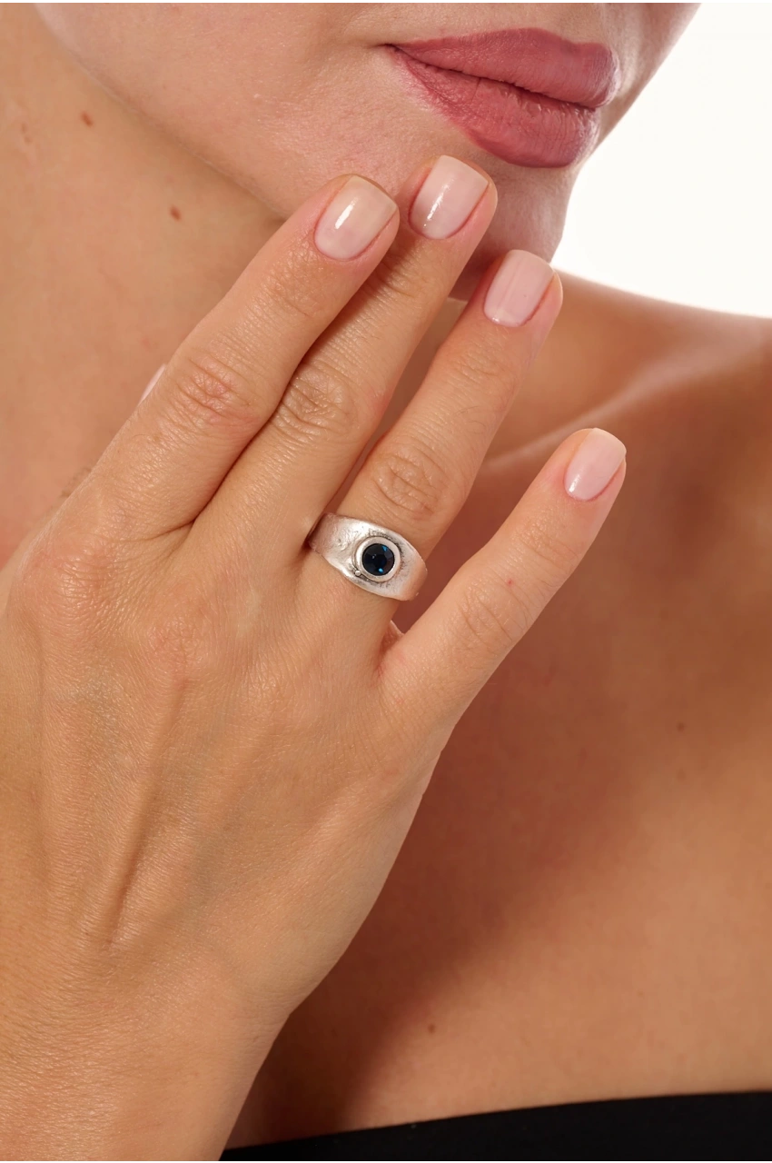 Kiraz Navy Blue Crystal Silver Plated Ring