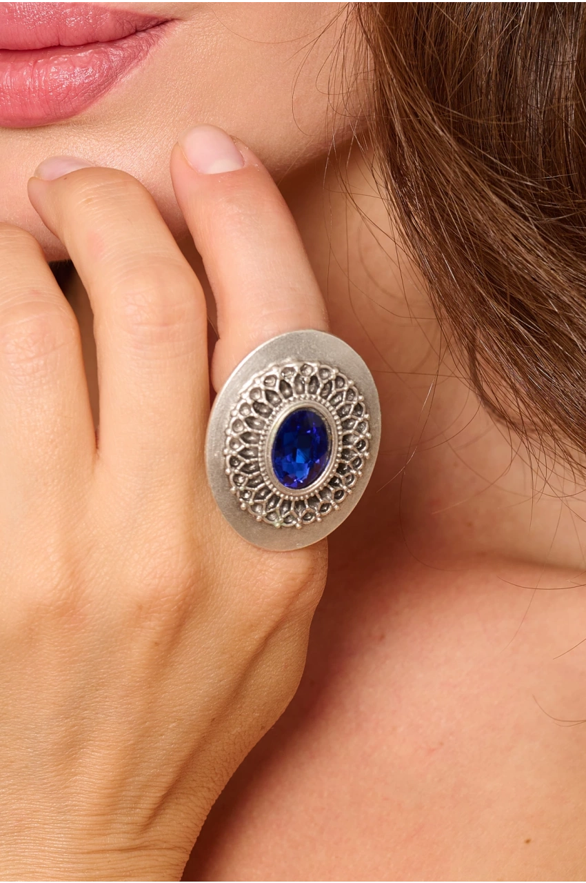 Kiraz Navy Blue Crystal Stoned Silver Plated Ring