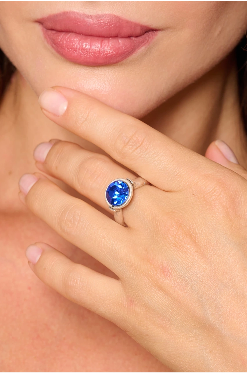 Kiraz Blue Crystal Stoned Silver Plated Ring