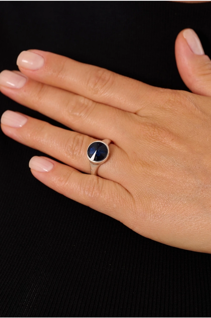 Kiraz Navy Blue Crystal Silver Plated Ring