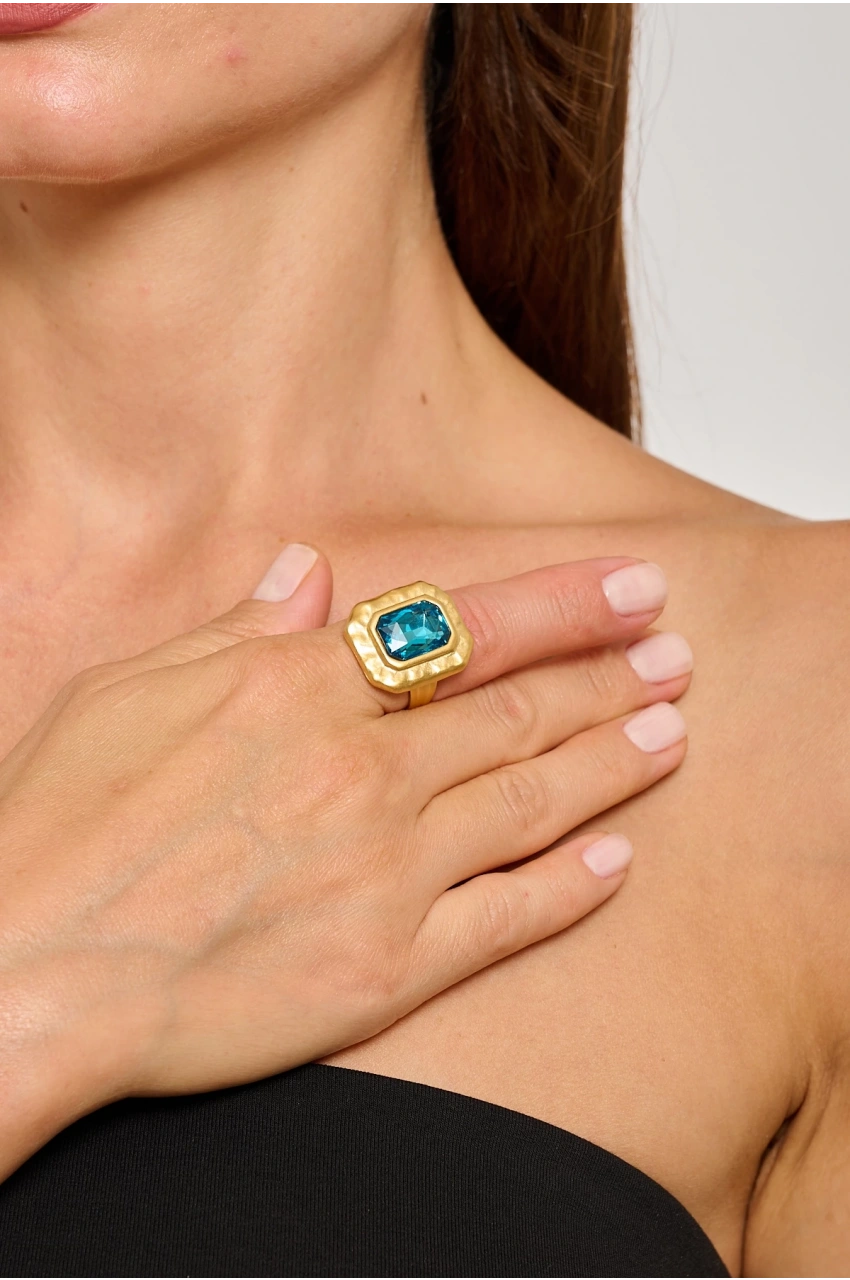 Kiraz Blue Crystal Stoned Gold Plated Ring