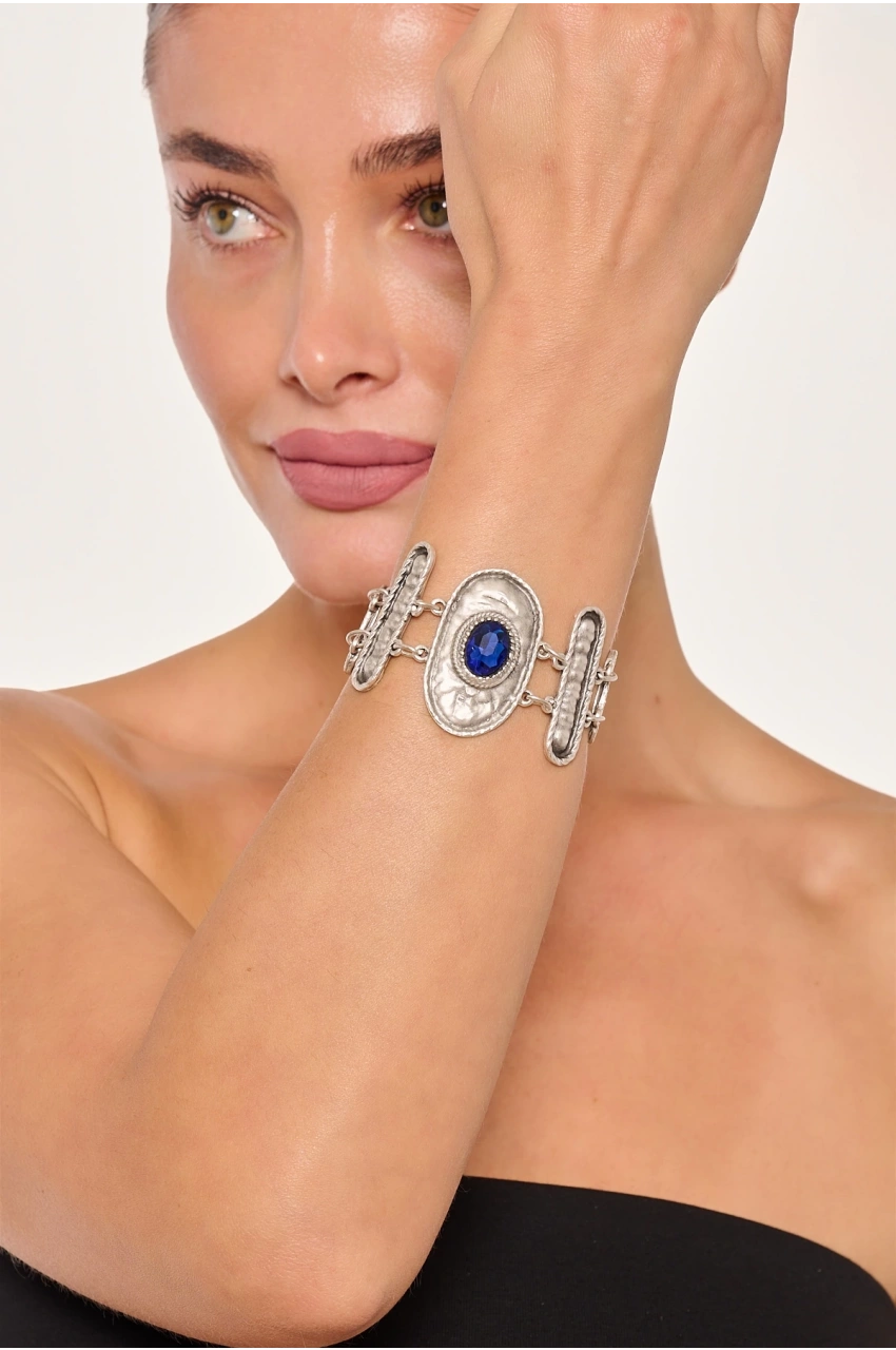 Kiraz Blue Crystal Stoned Silver Plated Bracelet