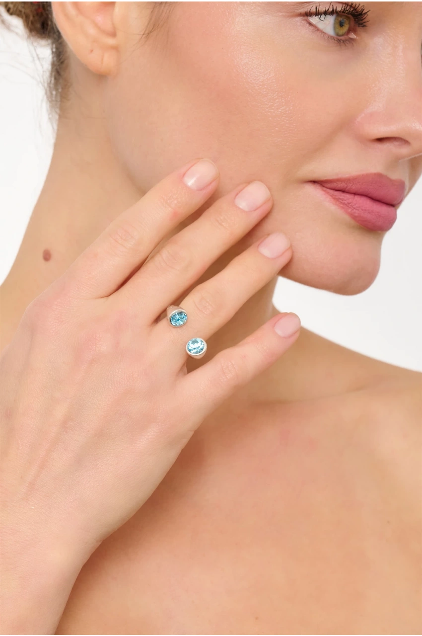 Kiraz Blue Crystal Stoned Silver Plated Ring