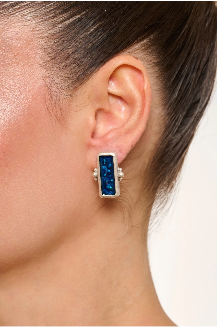 Kiraz Blue Enameld Silver Plated Earring