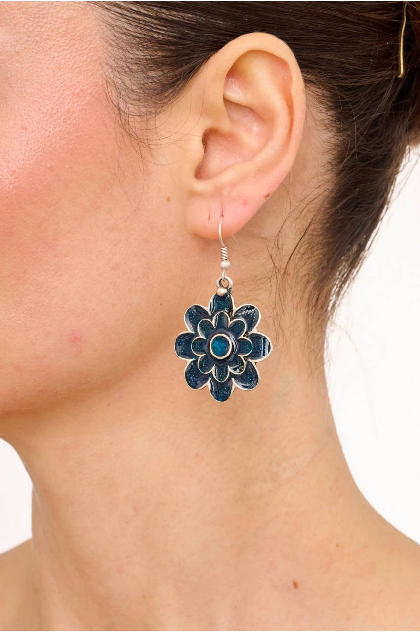 Kiraz Blue Enameld Silver Plated Flower Earring