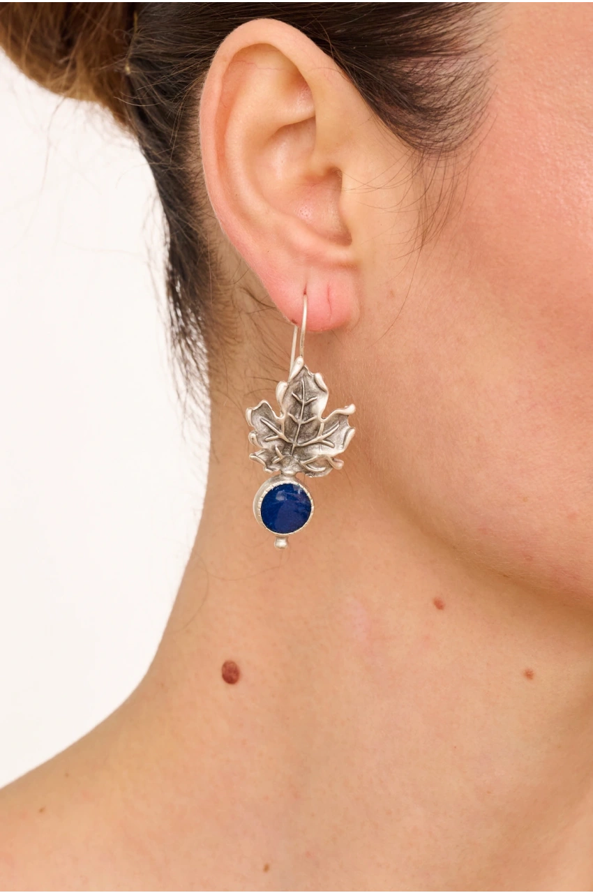 Kiraz Blue Enameld Silver Plated Leaf Earring