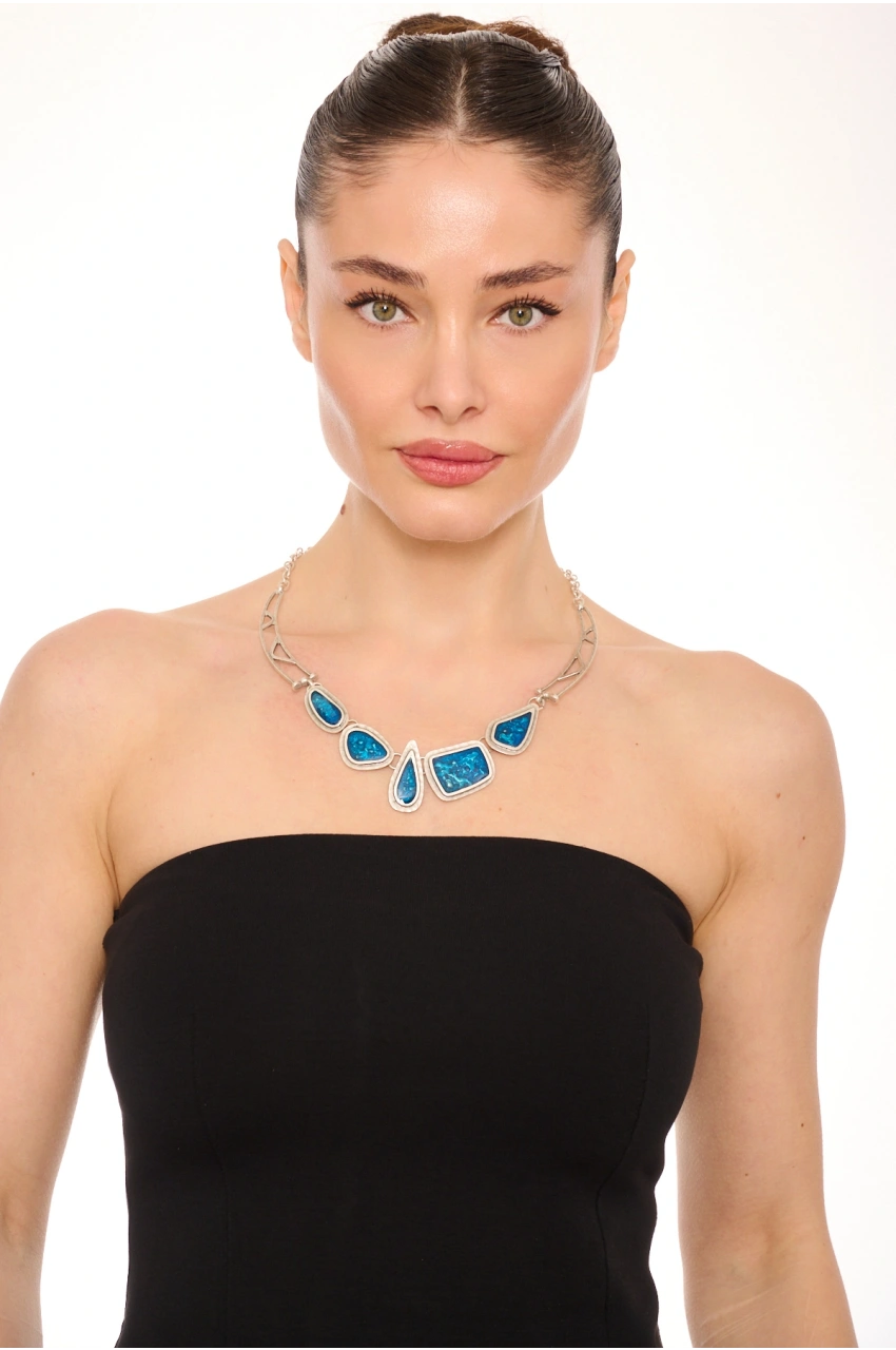 Kiraz Blue Enameld Silver Plated Necklace