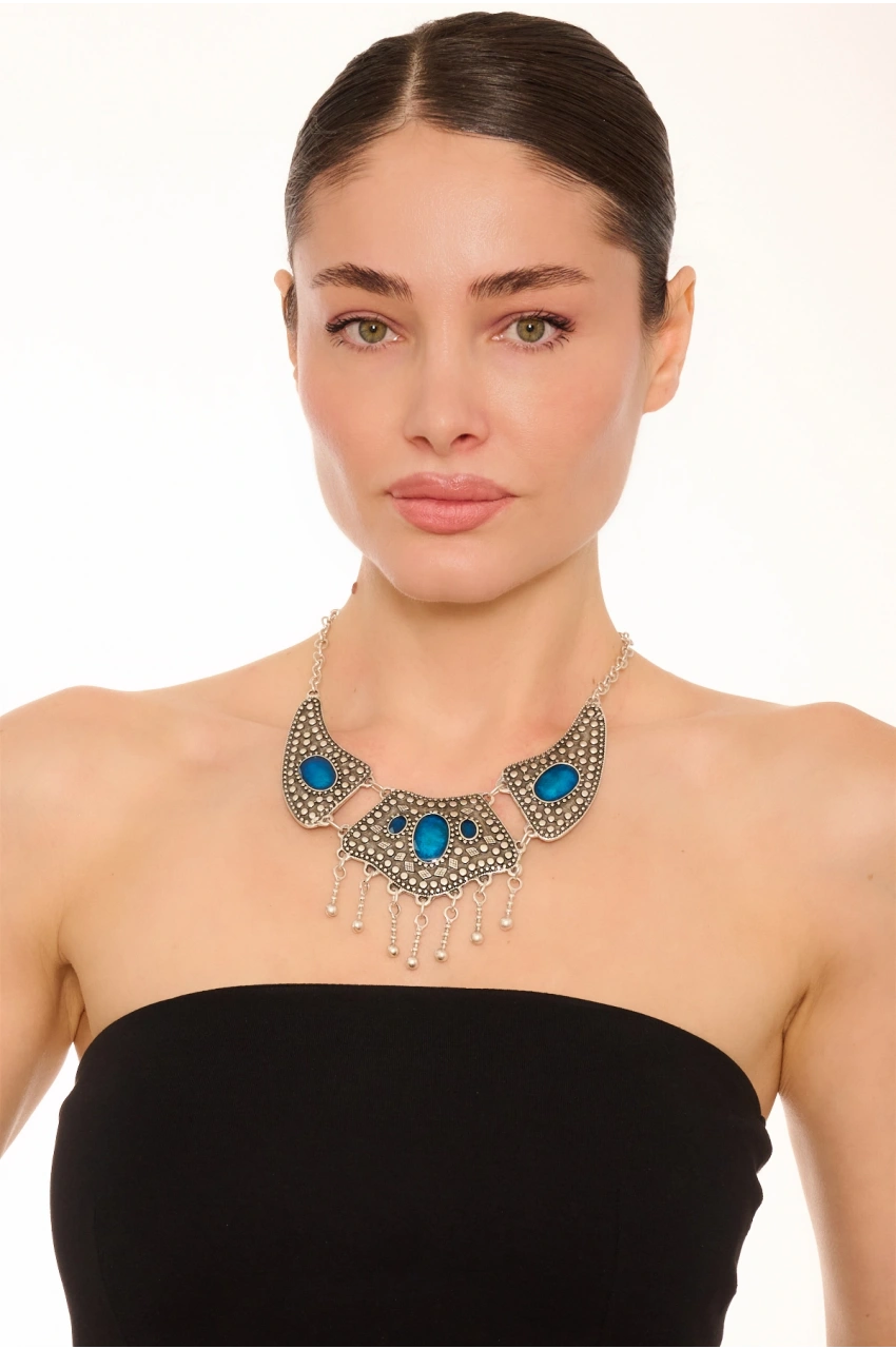 Kiraz Blue Enameld Silver Plated Necklace