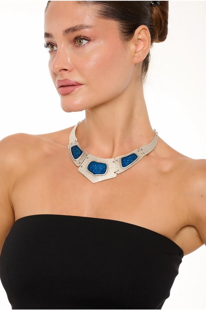 Kiraz Blue Enameld Silver Plated Necklace