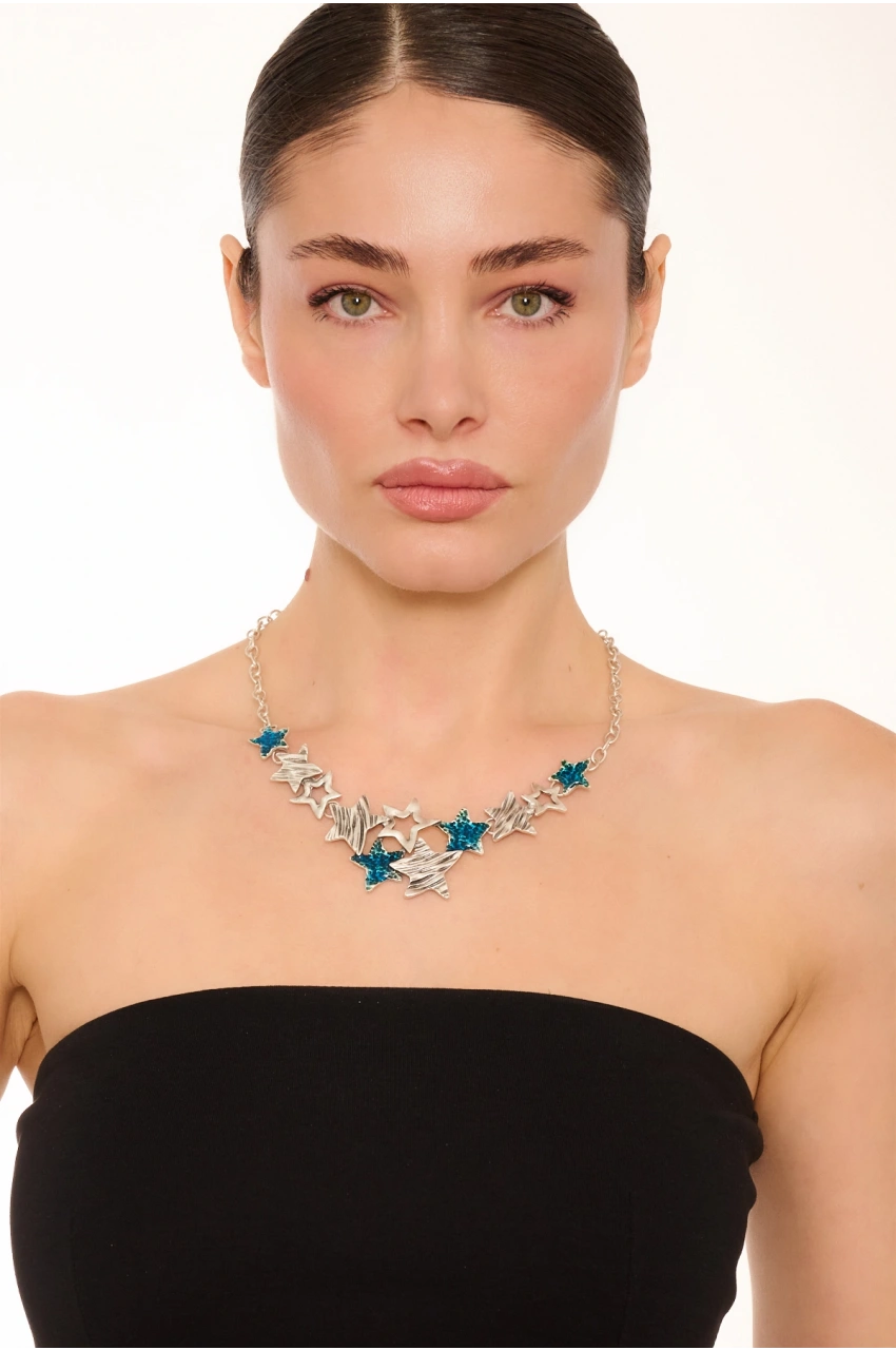Kiraz Blue Enameld Silver Plated Star Necklace