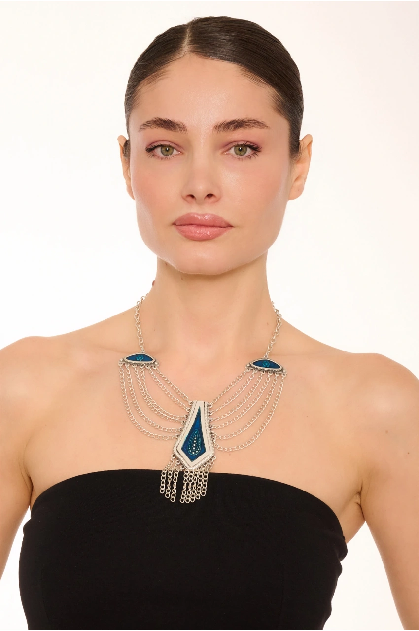 Kiraz Blue Enameled Silver Plated Necklace