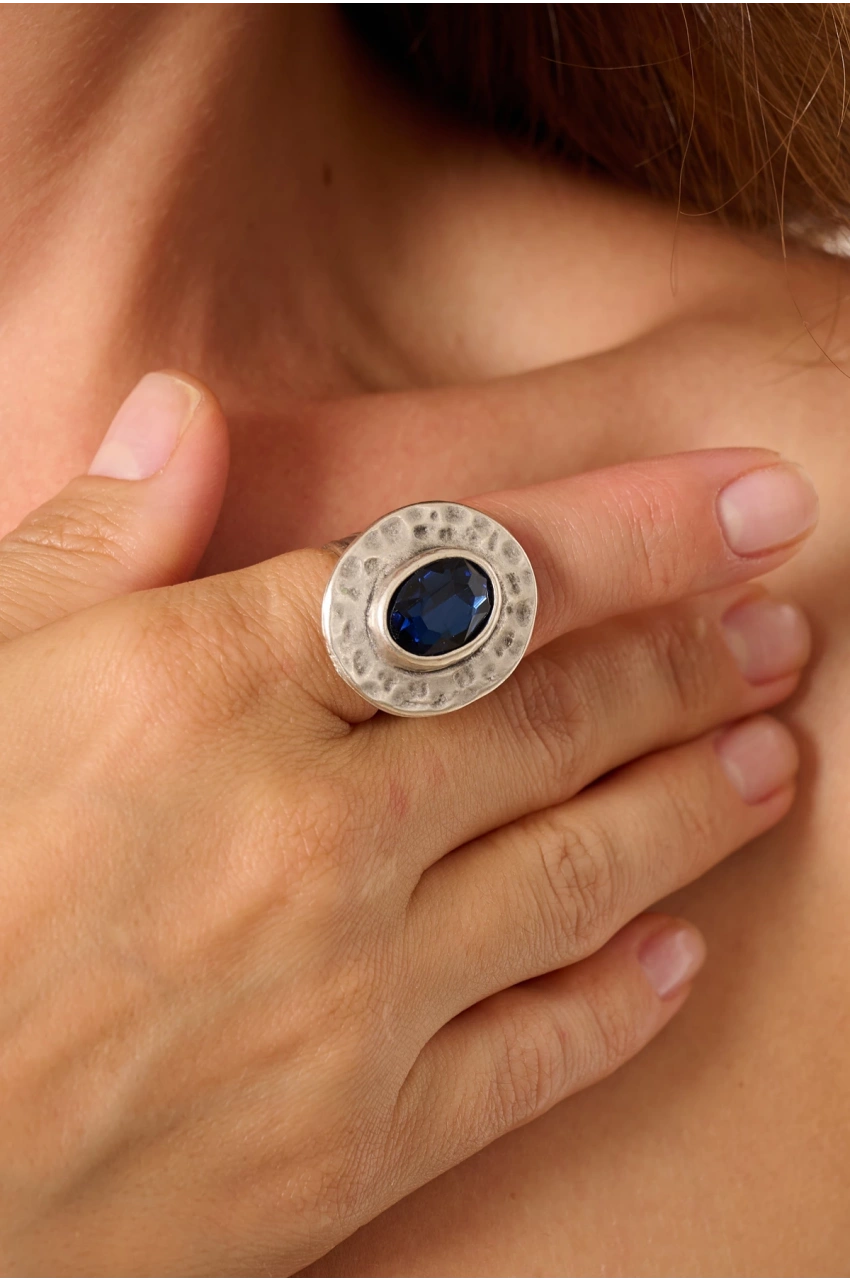 Kiraz Navy Blue Crystal Stoned Silver Plated Ring