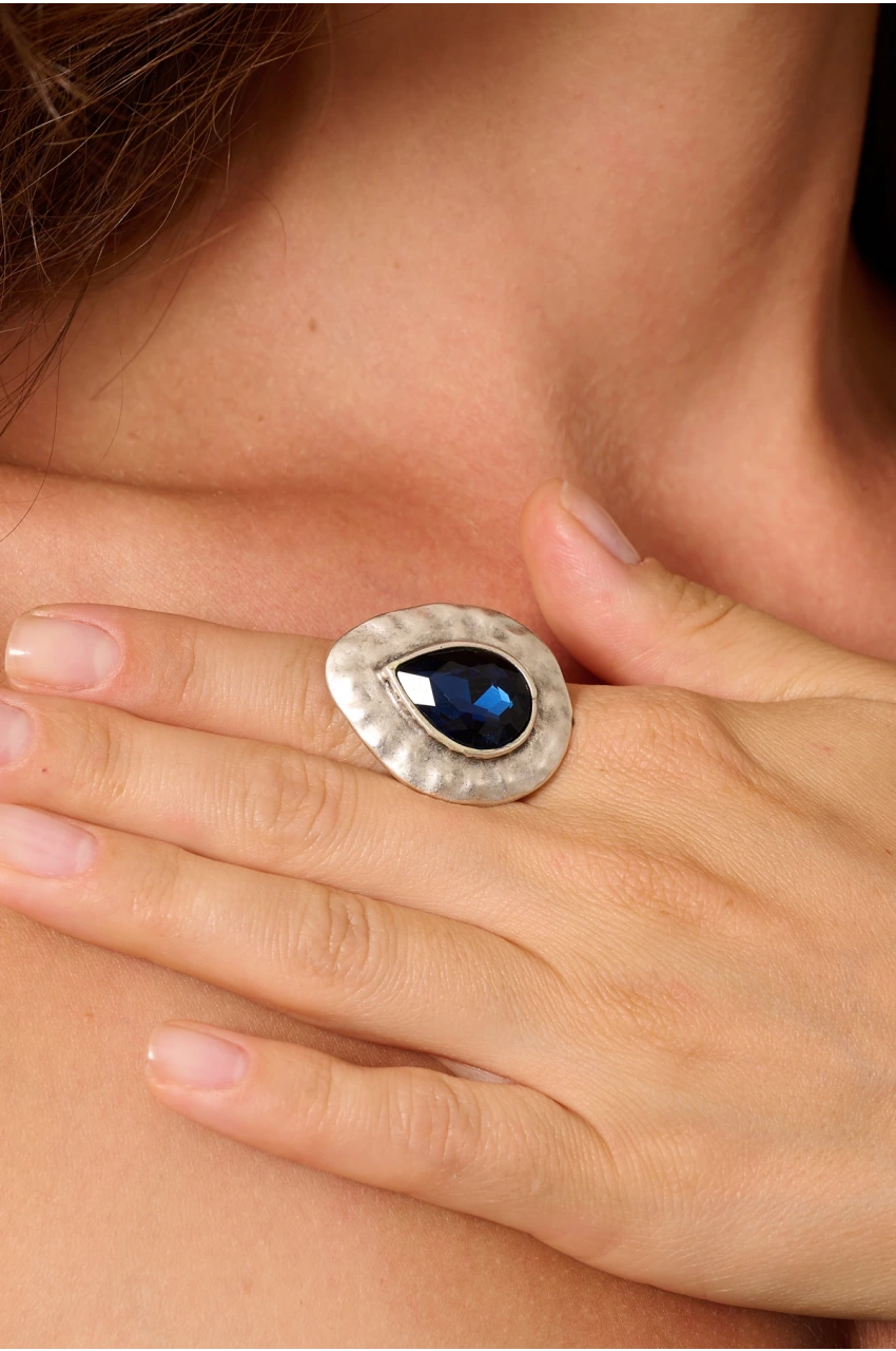 Kiraz Navy Blue Crystal Stoned Silver Plated Ring