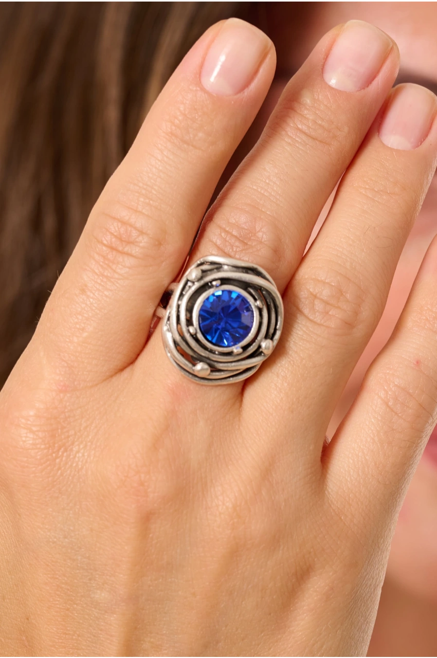 Kiraz Blue Crystal Stoned Silver Plated Ring
