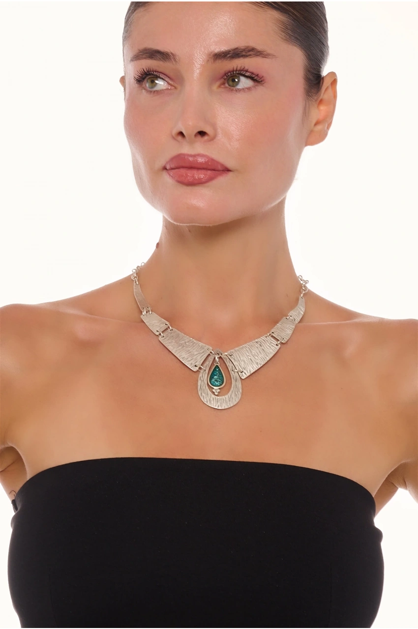 Kiraz Green Enameled Silver Plated Necklace