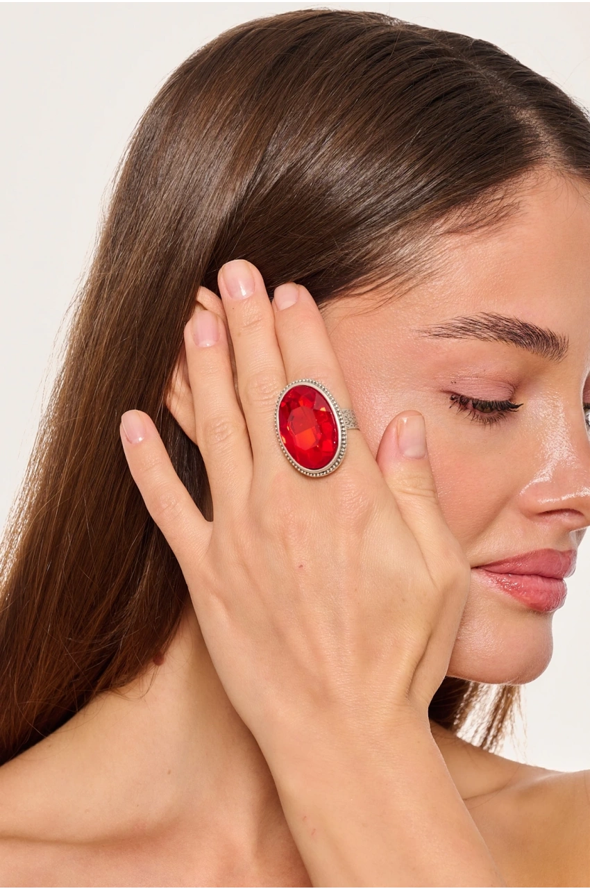 Kiraz Red Crystal Stoned Silver Plated Ring