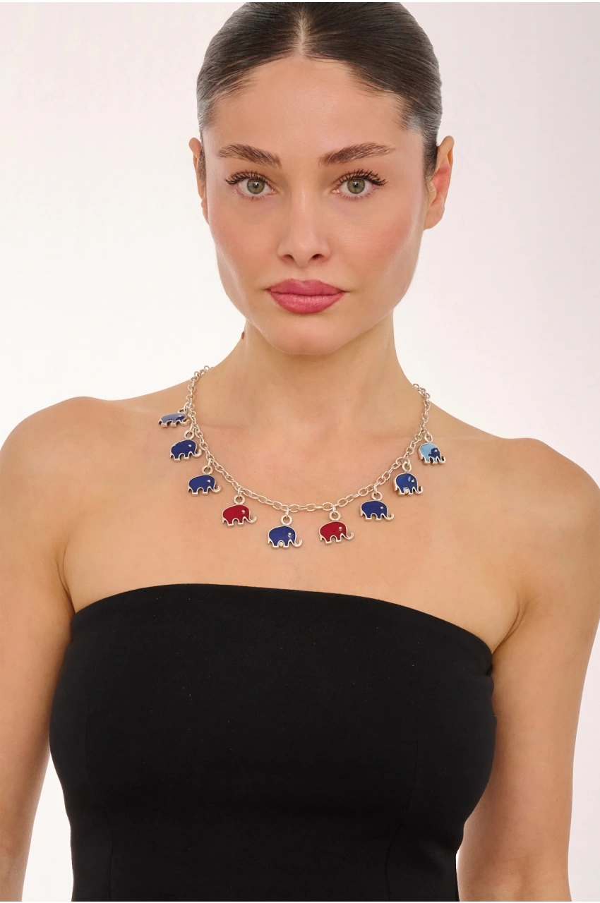 Kiraz Burgundy And Navy Blue Enameled Silver Elephant Plated Necklace