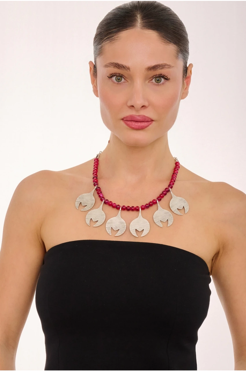 Kiraz Burgundy Beaded Silver Plated Necklace
