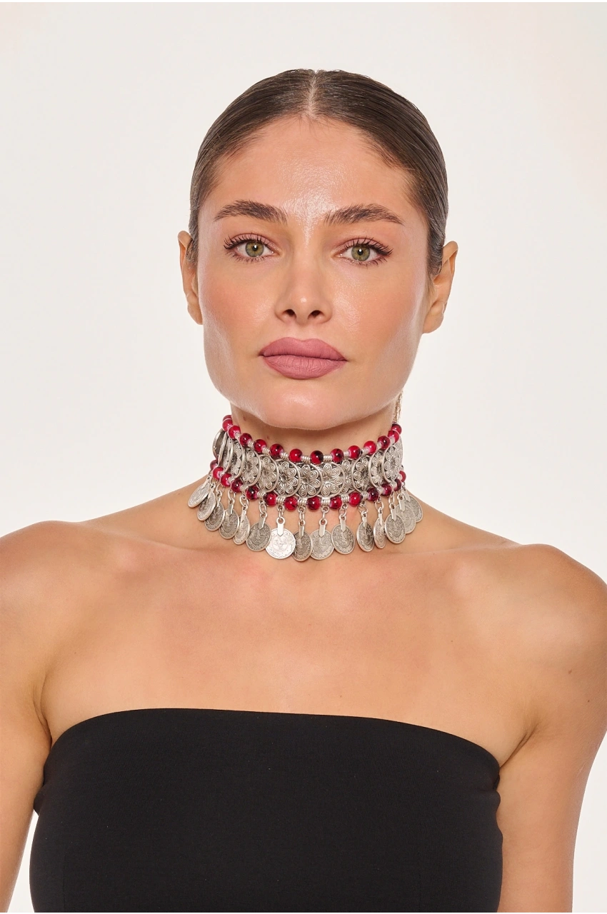 Kiraz Burgundy Beaded Silver Plated Necklace