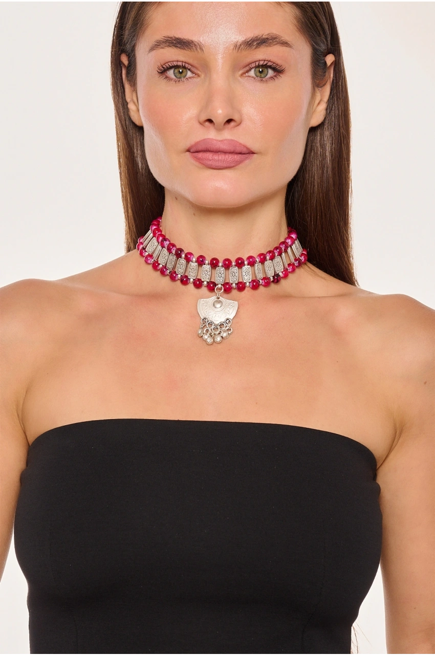 Kiraz Burgundy Beaded Silver Plated Necklace