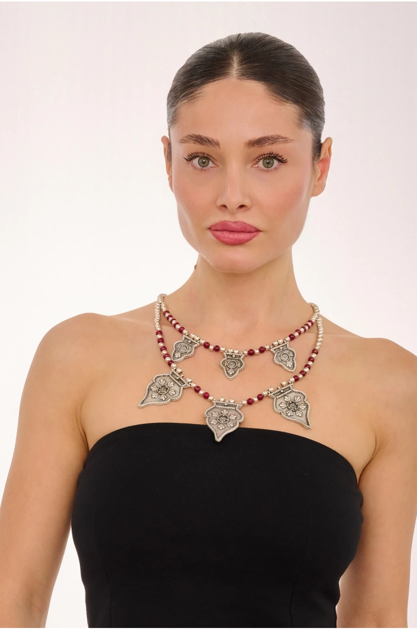 Kiraz Burgundy Beaded Silver Plated Necklace