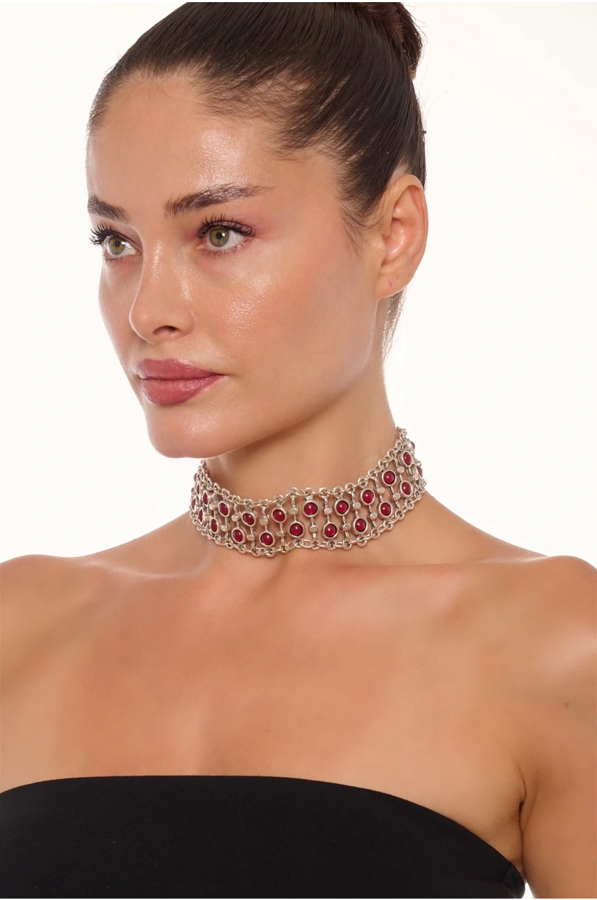 Kiraz Burgundy Stoned Choker Silver Plated Necklace