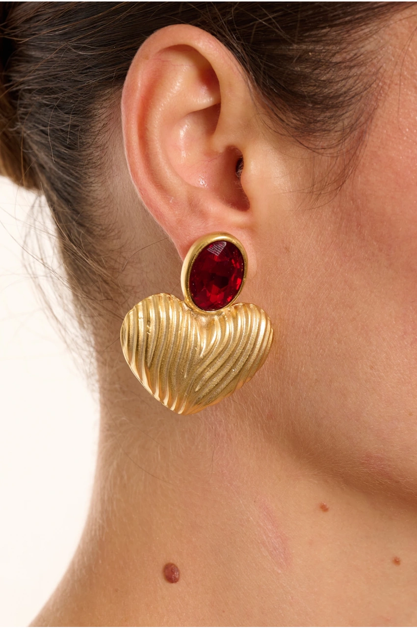 Kiraz Burgundy Crystal Stoned Gold Plated Earring