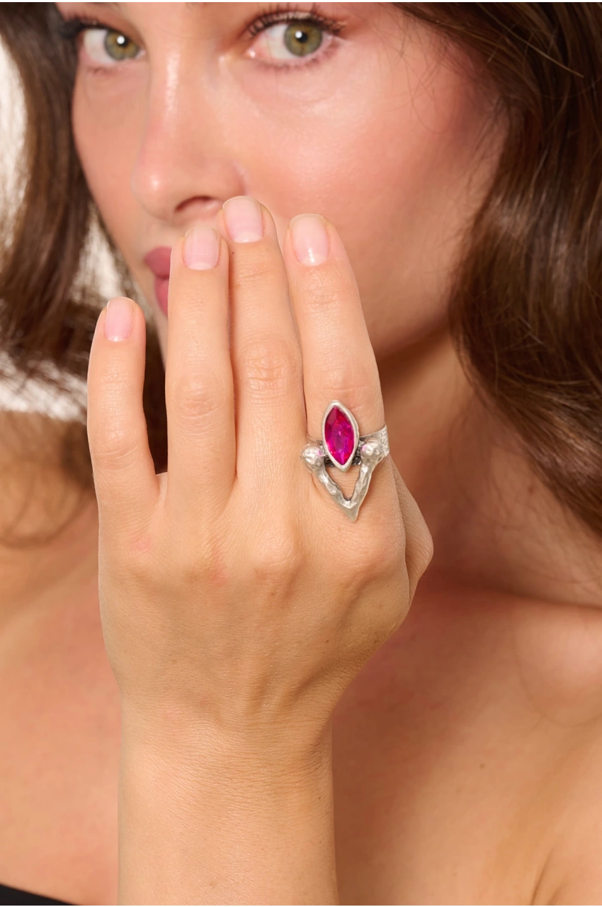 Kiraz Burgundy Crystal Stoned Silver Plated Ring