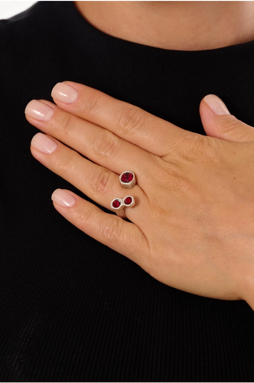 Kiraz Burgundy Crystal Stoned Silver Plated Ring