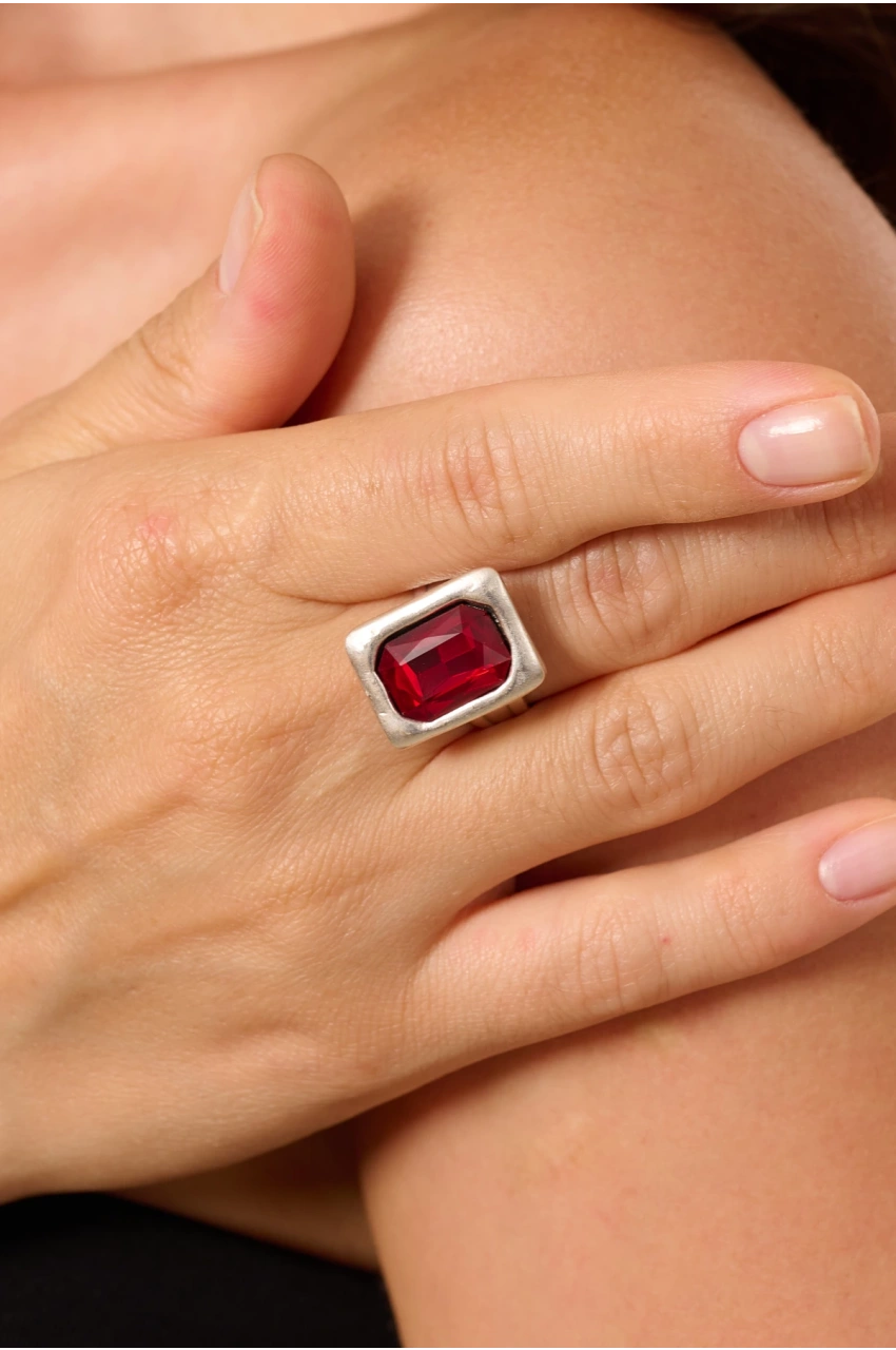 Kiraz Burgundy Crystal Stoned Silver Plated Ring
