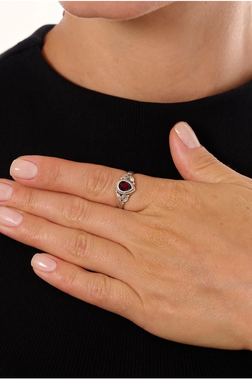 Kiraz Burgundy Crystal Stoned Silver Plated Ring