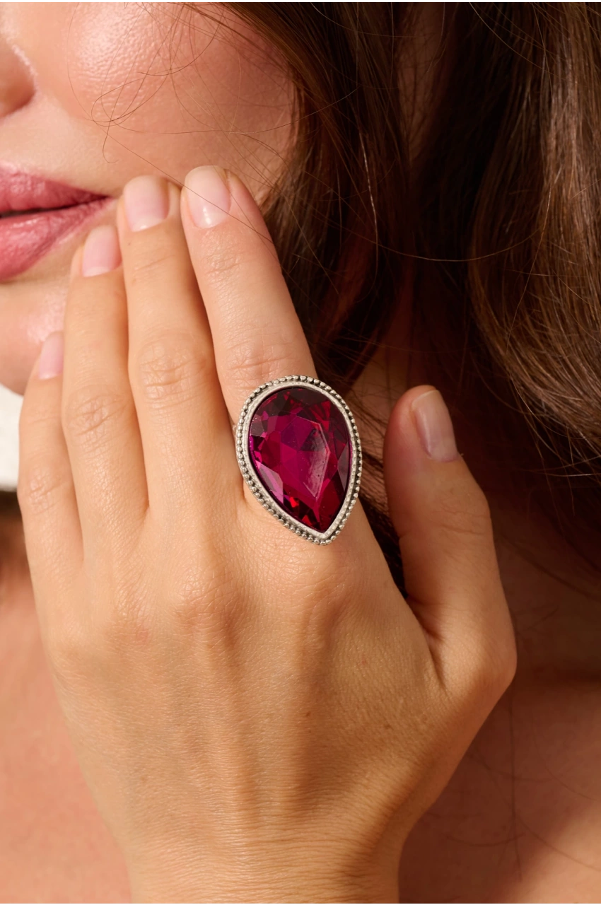 Kiraz Purple Crystal Stoned Silver Plated Ring