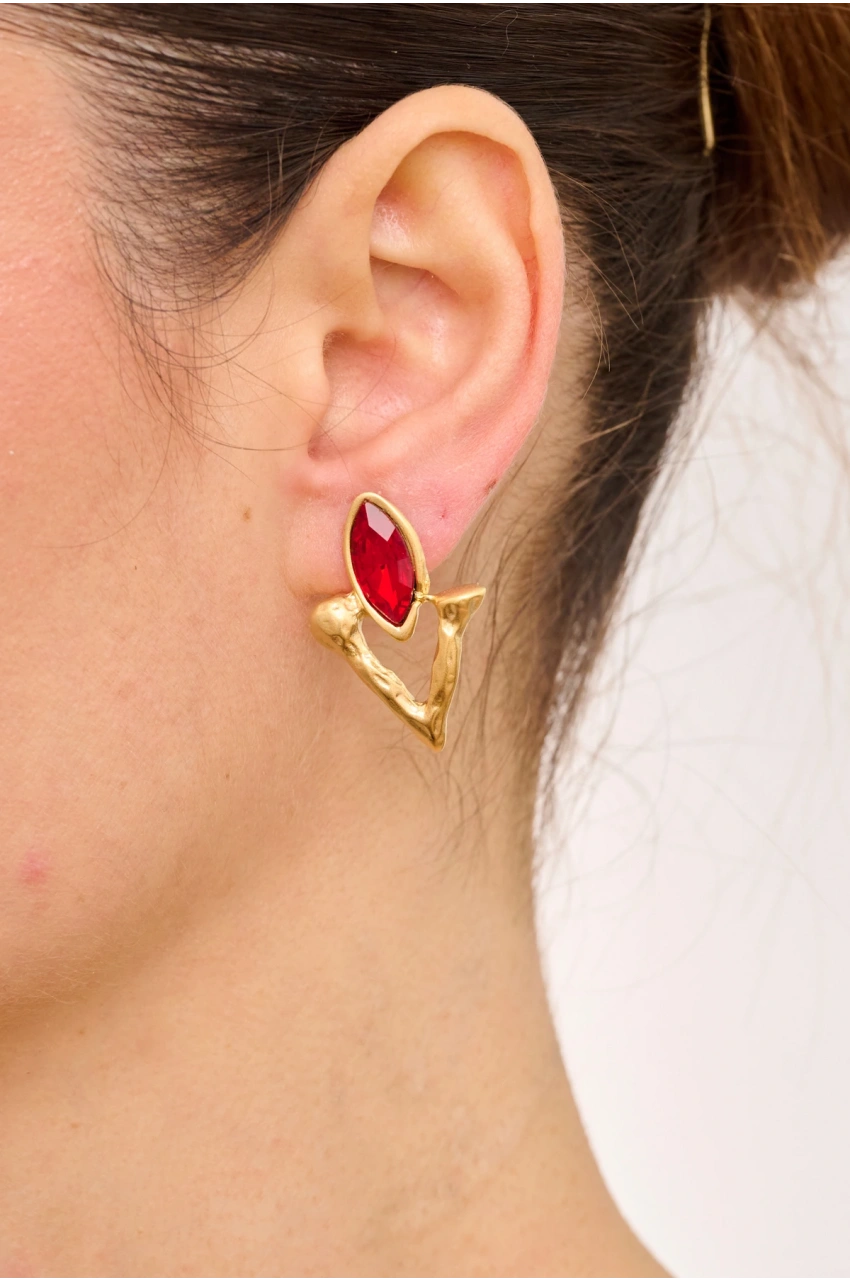 Kiraz Burgundy Crystal Stoned Gold Plated Earring