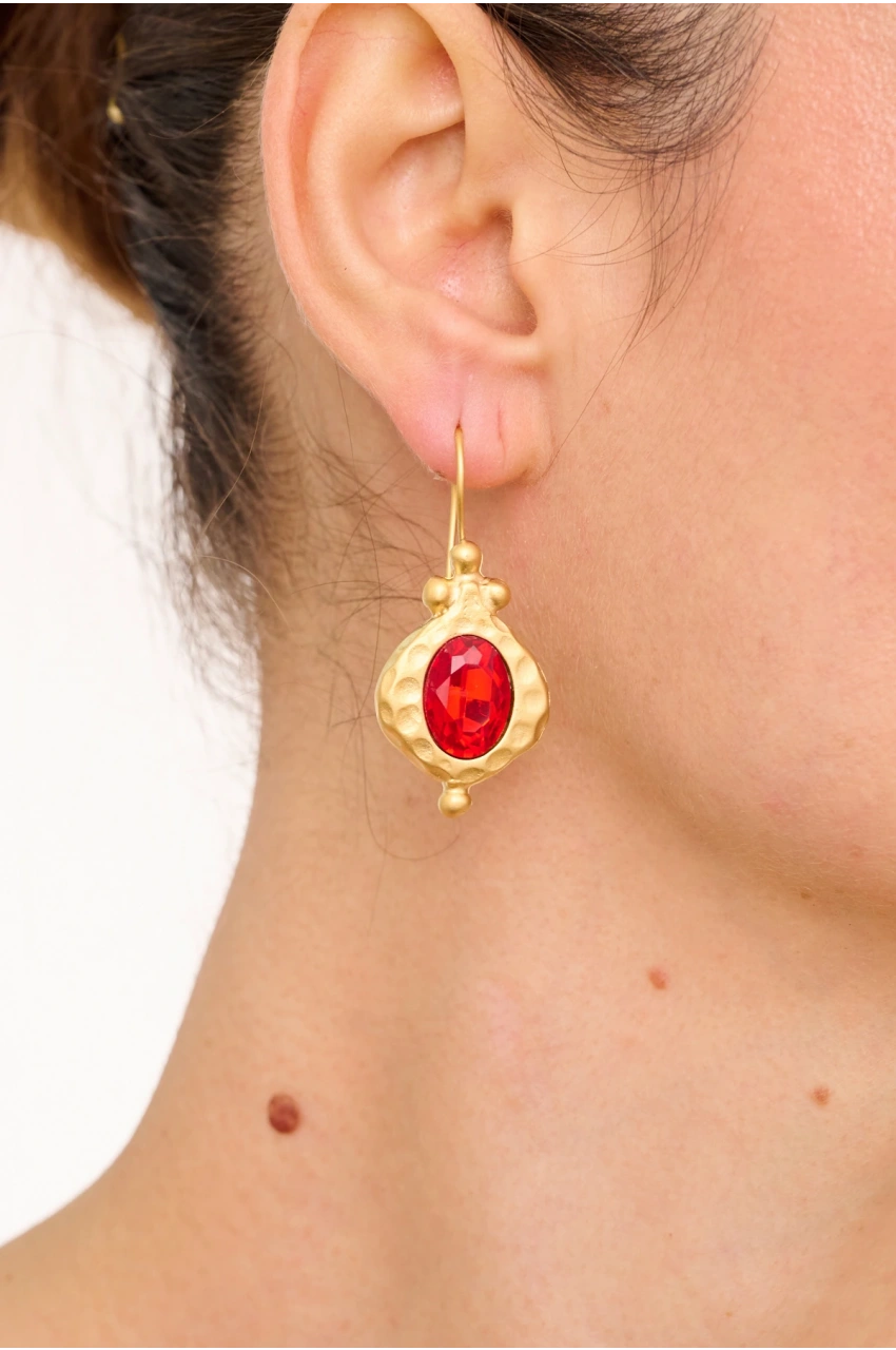 Kiraz Burgundy Crystal Stoned Gold Plated Earring