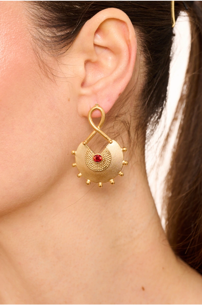 Kiraz Burgundy Crystal Stoned Gold Plated Earring