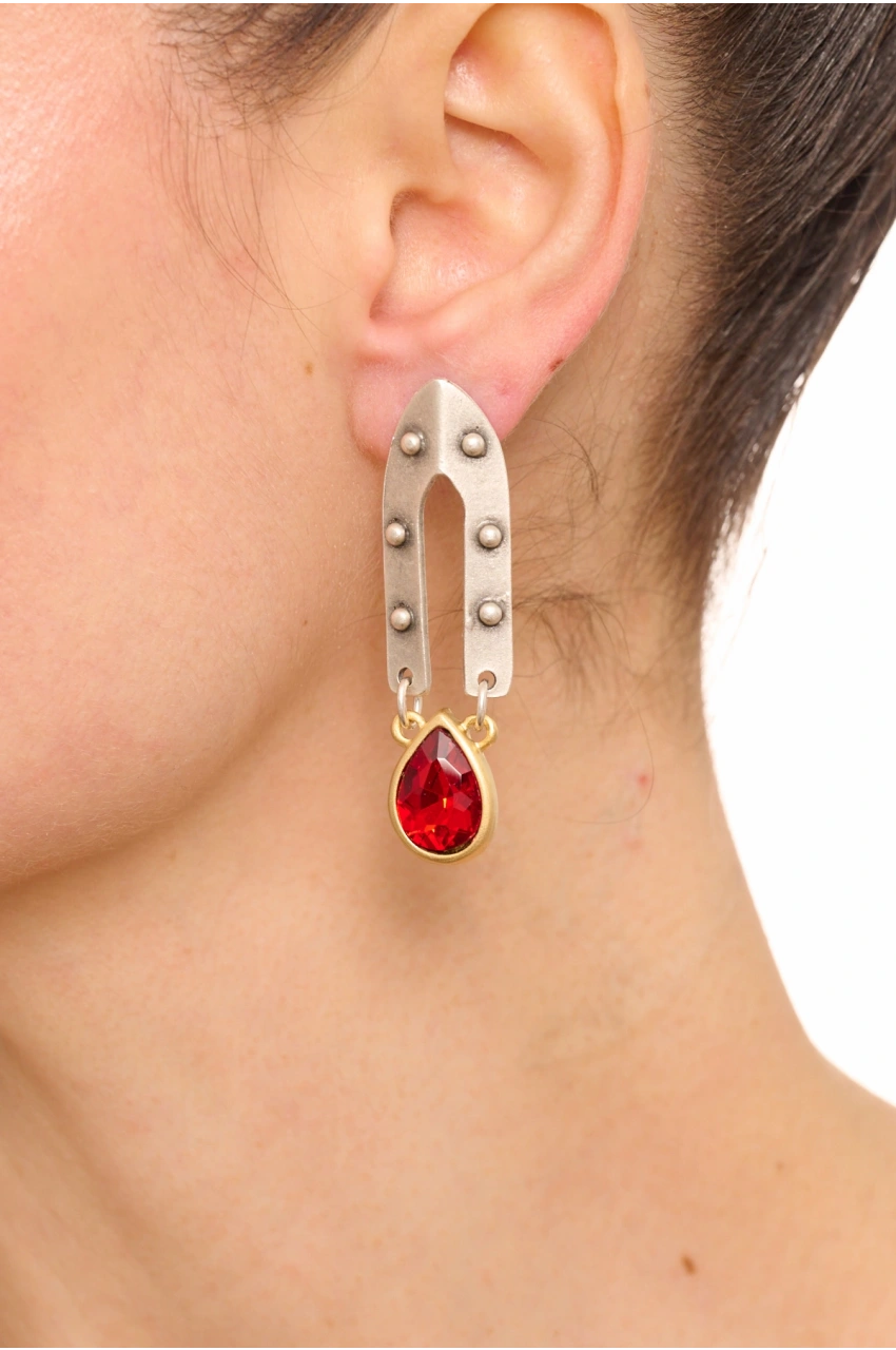Kiraz Burgundy Crystal Stoned Silver And Gold Plated Earring